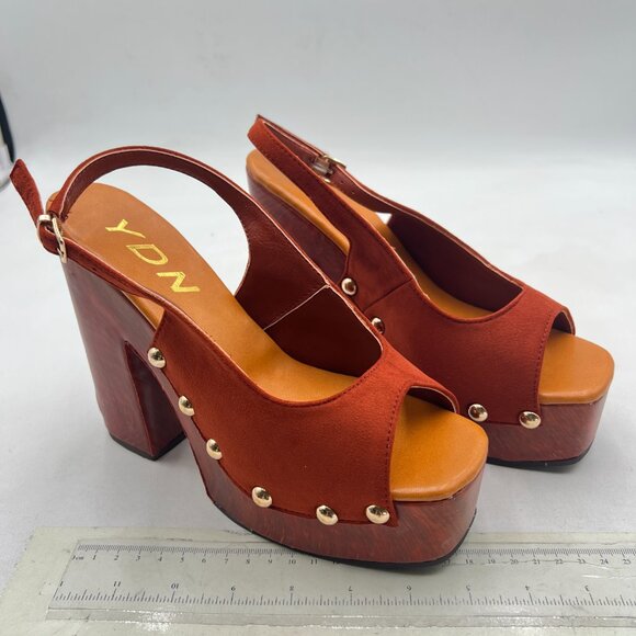 YDN Brown Rivet Studded Platform Chunky High Heeled Sandal Slingback Buckle Shoe - Picture 4 of 8